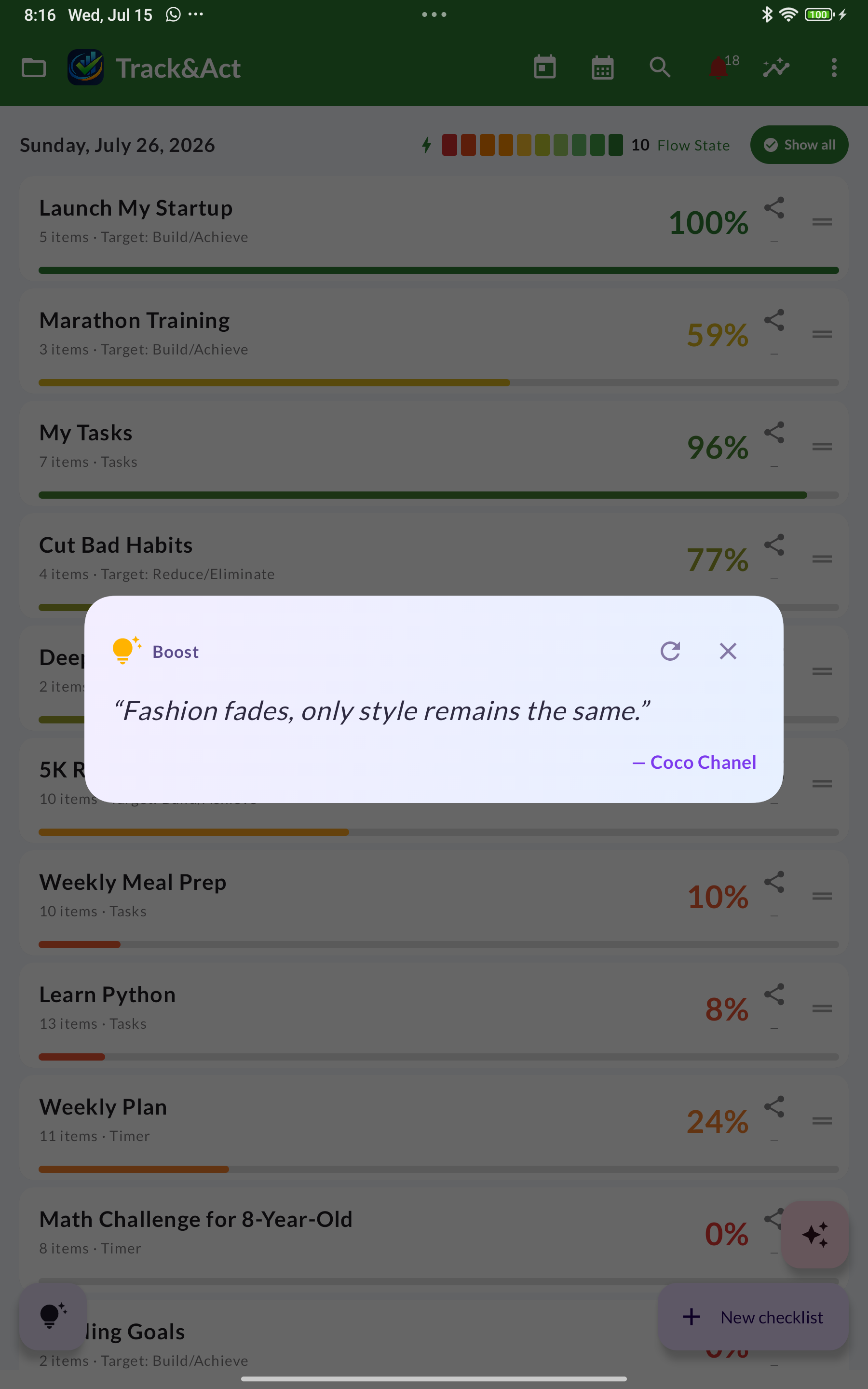 The Boost motivational-quote card shown over the home screen.