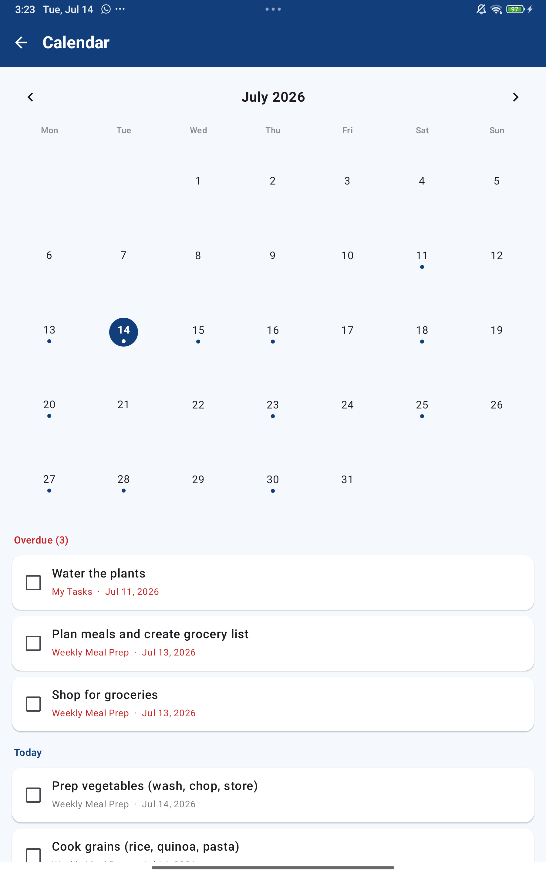 A month calendar with dots on days that have tasks, and an agenda list below.