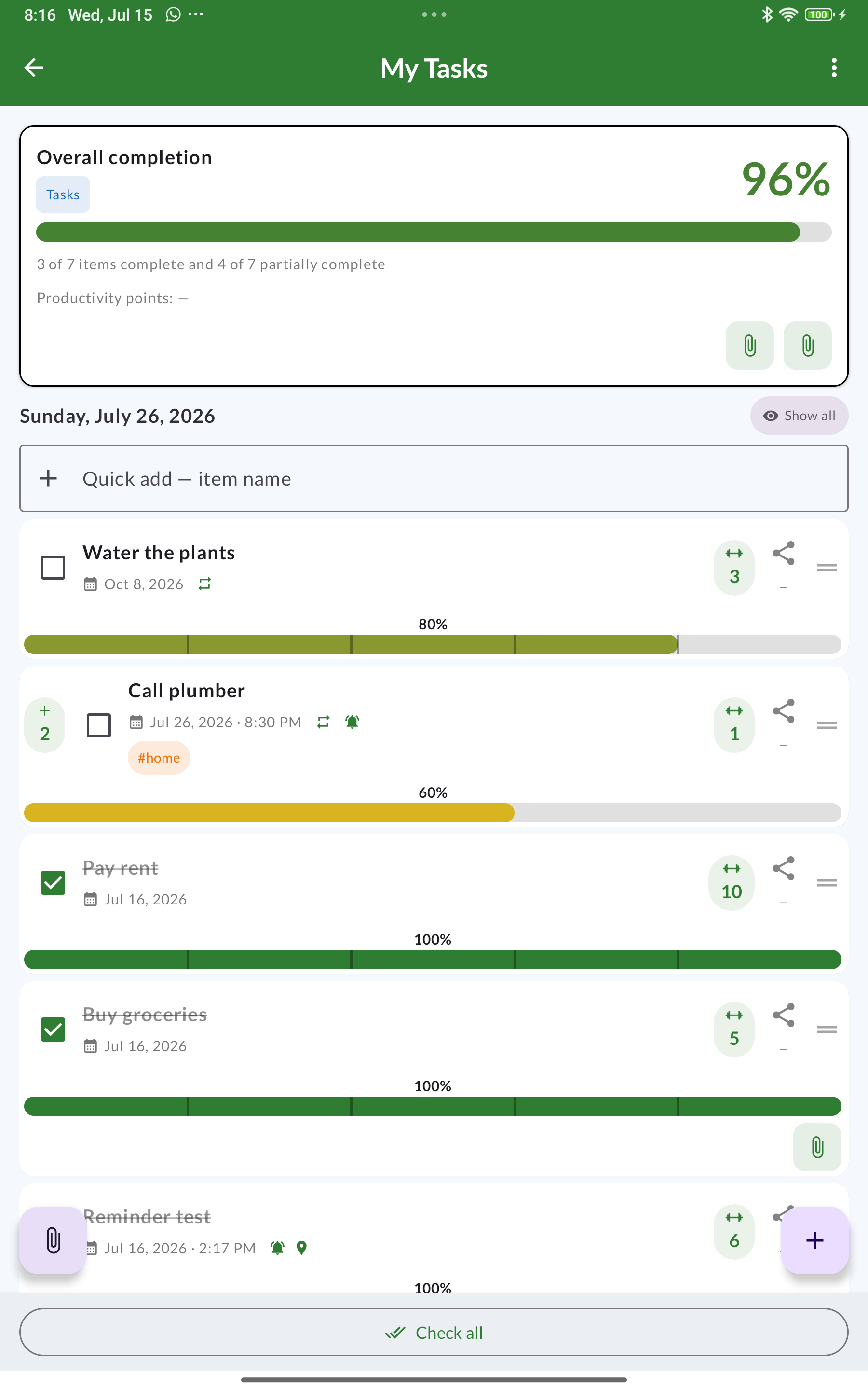 A Tasks checklist detail with due dates, item weights and per-item progress bars.