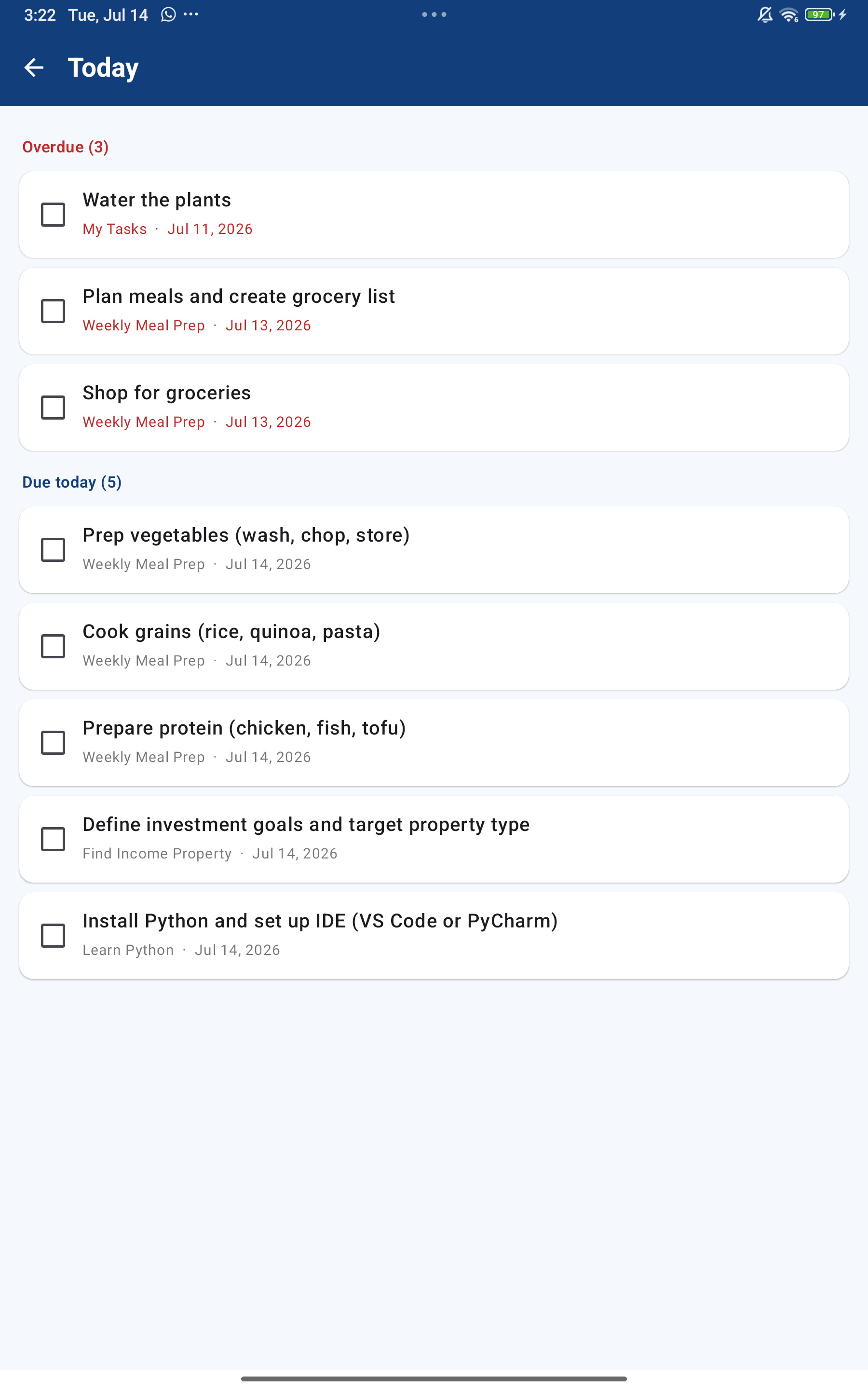 The Today view listing overdue tasks and tasks due today across all checklists.